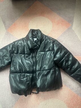 Old Navy Black Faux Leather Quilted Puffer Jacket